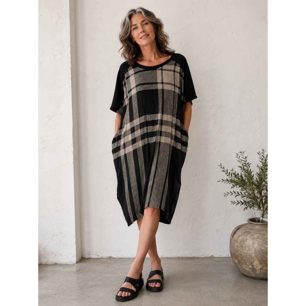 Alembika Womens Plaid Cocoon Dress Black Tan Linen Blend Oversized XS